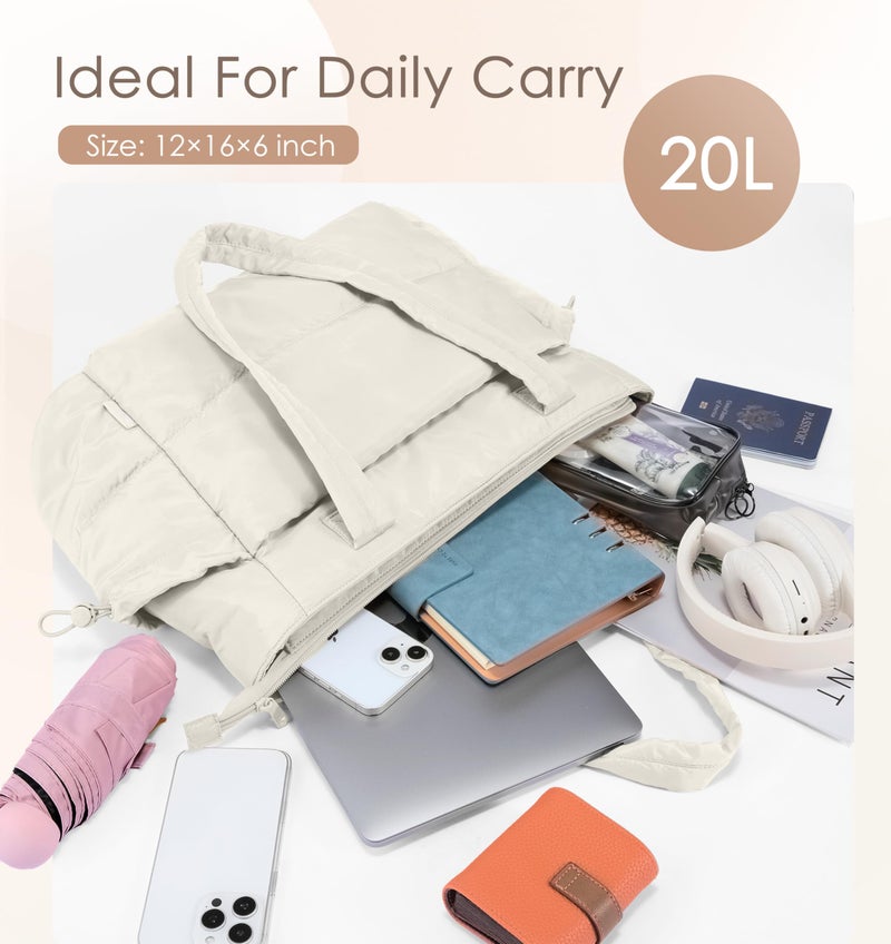 Uselike Tote Bag for Women Puffy Work Bags for Women with Zipper Lightweight Quilted Puffer Tote Bag for Travel, Teacher, Nurse (Off White) - Image 3