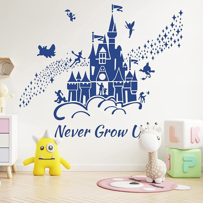 Supzone Castle Wall Stickers Fairy Tale Castle Never Grow Up Quotes Stars Wall Decor for Baby Nursery Room Kids Bedroom Wall Decal-Navy Blue - Image 3