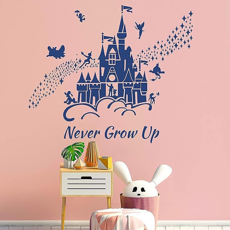 Supzone Castle Wall Stickers Fairy Tale Castle Never Grow Up Quotes Stars Wall Decor for Baby Nursery Room Kids Bedroom Wall Decal-Navy Blue - Image 2