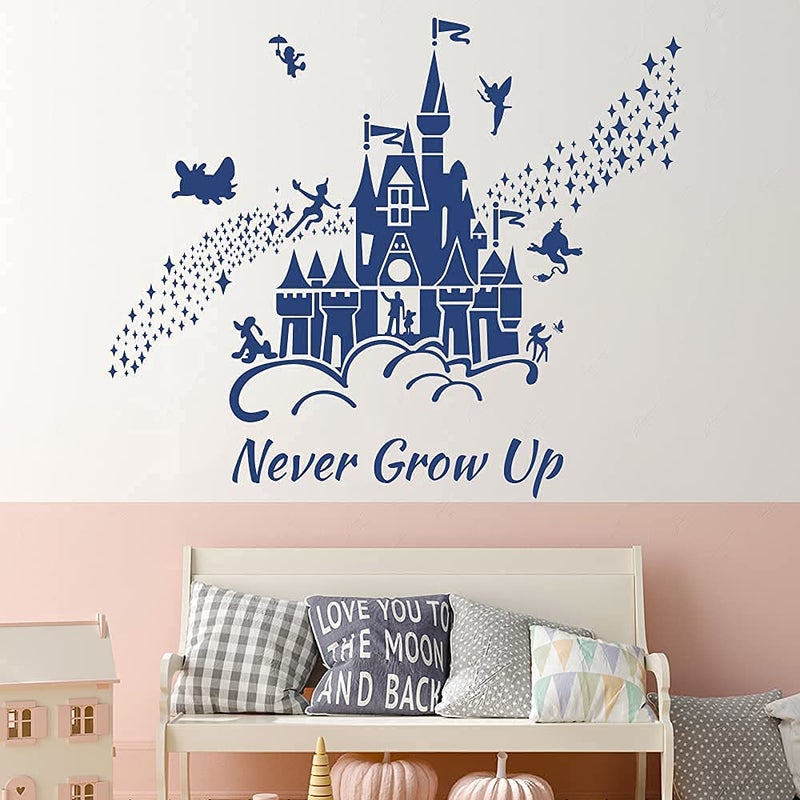 Supzone Castle Wall Stickers Fairy Tale Castle Never Grow Up Quotes Stars Wall Decor for Baby Nursery Room Kids Bedroom Wall Decal-Navy Blue - Image 4