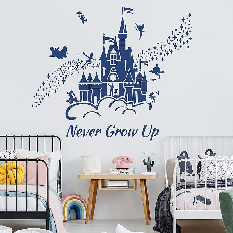 Supzone Castle Wall Stickers Fairy Tale Castle Never Grow Up Quotes Stars Wall Decor for Baby Nursery Room Kids Bedroom Wall Decal-Navy Blue - Image 1