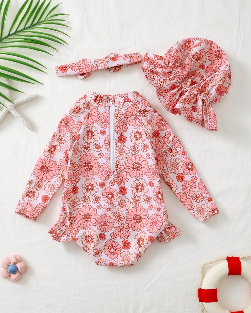 SODLON Baby Girl 12-18 Months Dark Pink Floral Long Sleeve One-Piece Swimsuit with Zipper and Ruffle Hem - Image 3