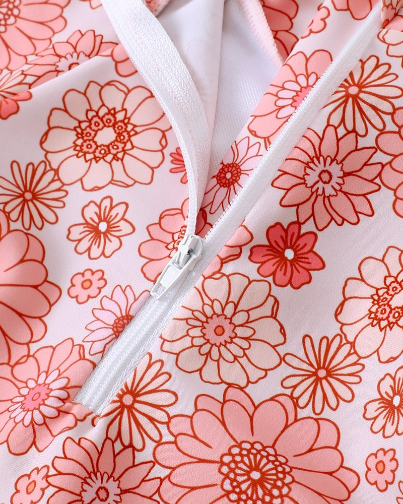 SODLON Baby Girl 12-18 Months Dark Pink Floral Long Sleeve One-Piece Swimsuit with Zipper and Ruffle Hem - Image 4