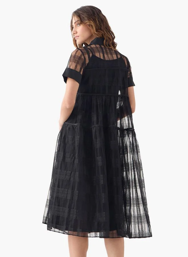 2Xtremz 2Xtremz Mesh Midi Shirt Dress with Short Sleeves and Button Closure