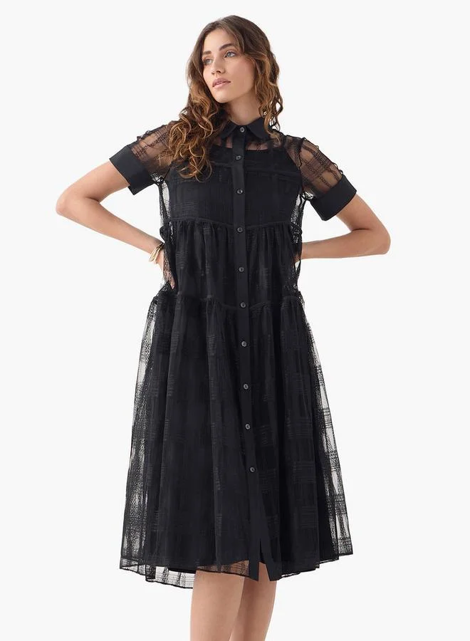 2Xtremz 2Xtremz Mesh Midi Shirt Dress with Short Sleeves and Button Closure