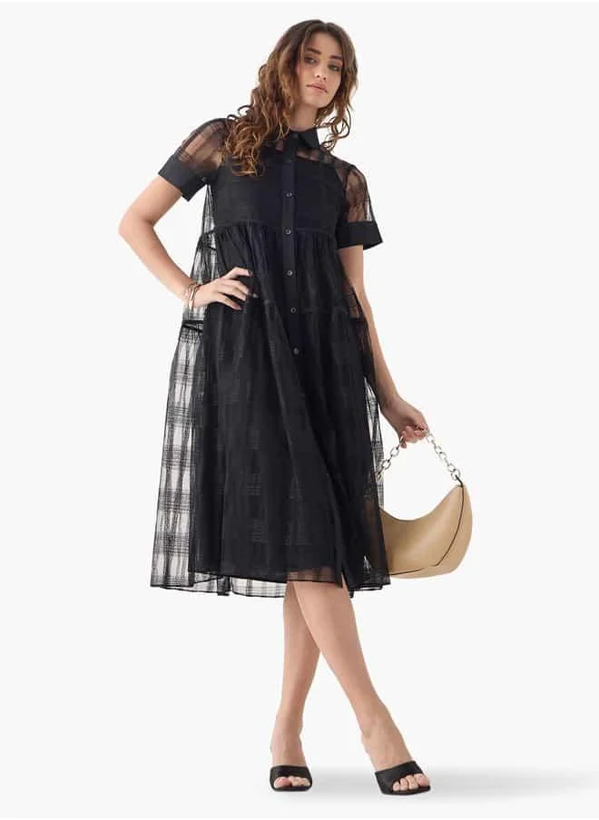 تواكستريمز 2Xtremz Mesh Midi Shirt Dress with Short Sleeves and Button Closure