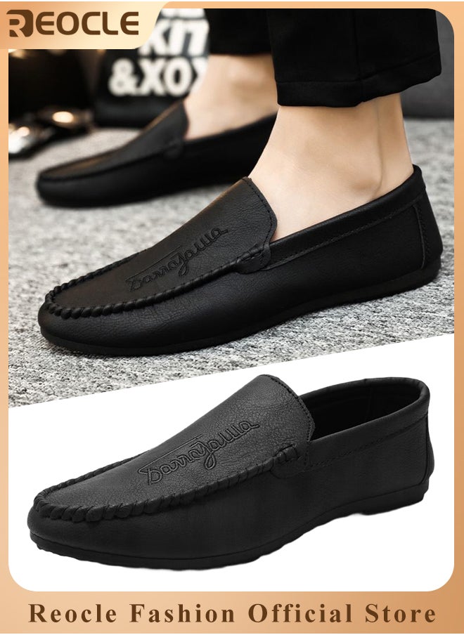 REOCLE - Men's Loafers Flat Heel Anti-Slip Lightweight Slip-ons Soft Sole Leather Shoes with Casual Style Round Toe Loafer for Family Gathering & Casual Party - Image 1