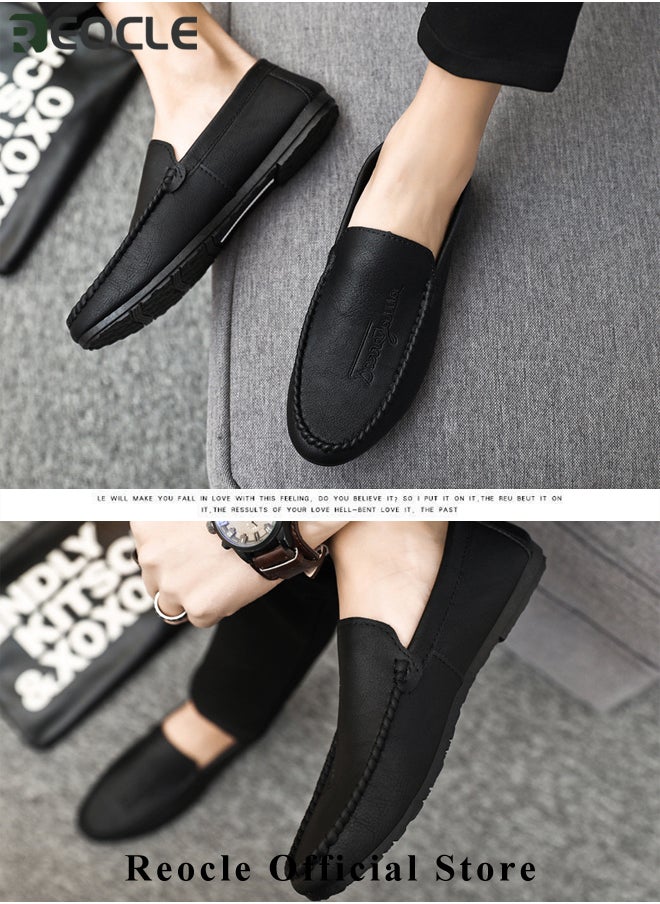 REOCLE - Men's Loafers Flat Heel Anti-Slip Lightweight Slip-ons Soft Sole Leather Shoes with Casual Style Round Toe Loafer for Family Gathering & Casual Party - Image 1