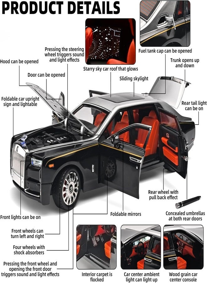 LONGMIRE Rolls Royce Phantom Model Car 1:18 Scale Alloy Metal Pull Back Die-cast Toy Vehicle with Openable Doors Light and Music for Kids and Boys - Image 3