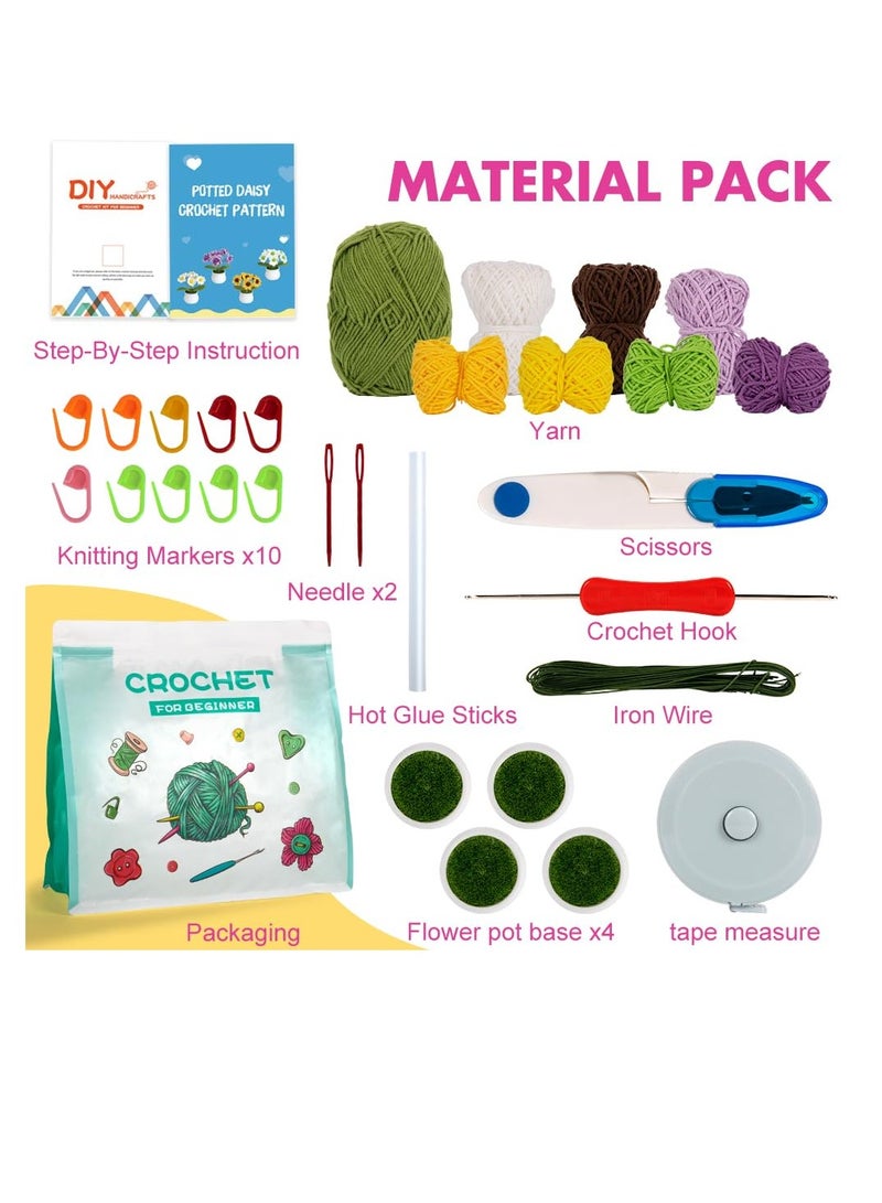 SYOSI Crochet Kit for Beginners 4PCS Cute Flowers Series Daisy Beginner Crochet Plants Kit with Step by Step Instructions Tutorials Yarns Hook and Knitting Kit White Yellow Purple Yellow Heart - Image 2