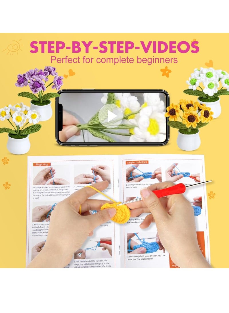SYOSI Crochet Kit for Beginners 4PCS Cute Flowers Series Daisy Beginner Crochet Plants Kit with Step by Step Instructions Tutorials Yarns Hook and Knitting Kit White Yellow Purple Yellow Heart - Image 4