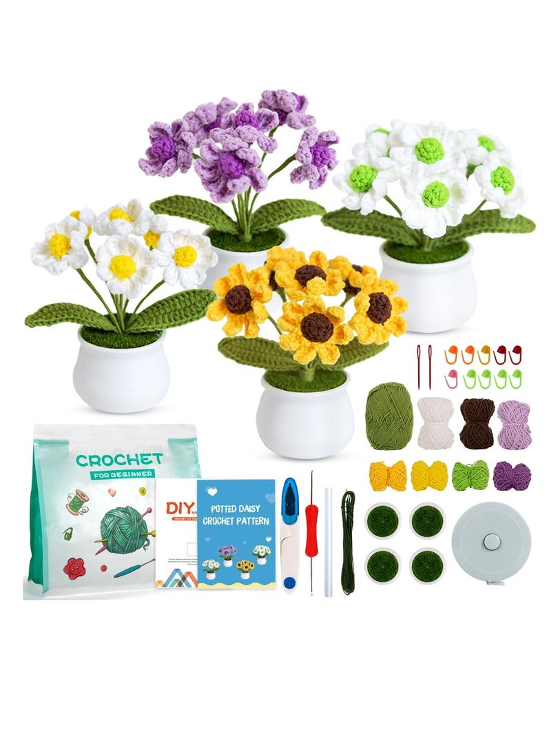 SYOSI Crochet Kit for Beginners 4PCS Cute Flowers Series Daisy Beginner Crochet Plants Kit with Step by Step Instructions Tutorials Yarns Hook and Knitting Kit White Yellow Purple Yellow Heart - Image 1