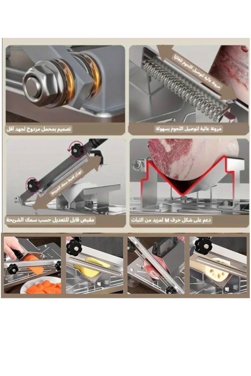 Multifunctional slicer, easy and flexible to quickly cut frozen meat, lamb, veal, fish and vegetables. Cuts cucumbers or potatoes into thin slices to look like chips, radishes, cheeses or pressed processed meats. The product is made of high-quality stainless steel, rust-resistant and equipped to keep your hand safe and secure. It is safe and non-slip. Suitable for use in supermarkets, shops, homes, party planners, productive families and for slicing. The thickness is adjustable. You can control the thickness of the slice. Just turn the handle clockwise and the thickness you want is adjusted from 0.3 mm to 8 mm.  - Image 2