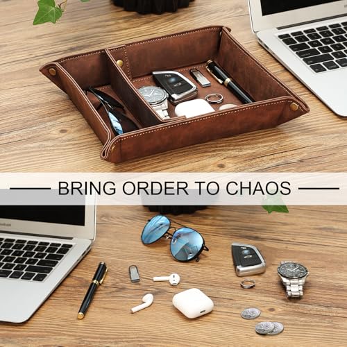 SITHON صينية تخزين سطح المكتب SITHON، منظم قابل للإزالة بقطعتين، صينية متعددة الاستخدامات بجانب السرير، حاملة طاولة، صينية تخزين، بني - Image 5