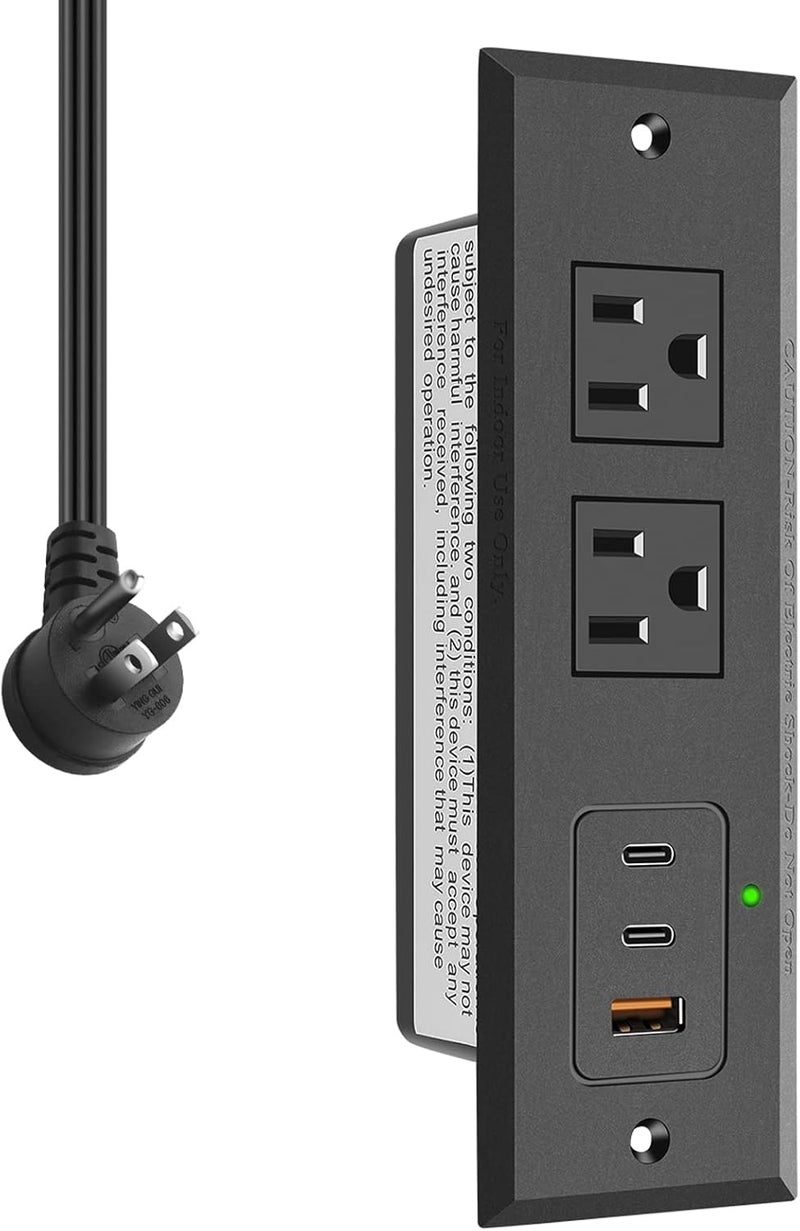 CCCEI Recessed Power Strip with Two USB-C Ports, Fast Charging USB A Port Desk Outlet, Black Furniture Hidden Charging Station for Side Table, End Table, with 6 FT 45 Degree Flat Plug Extension Cord. - Image 1