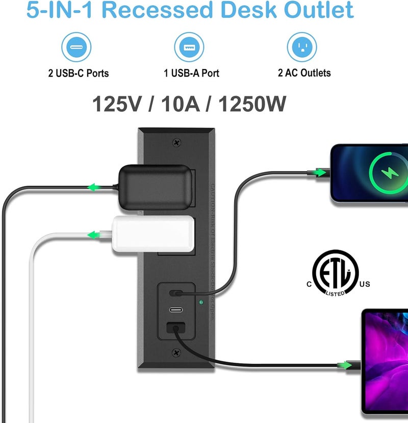 CCCEI Recessed Power Strip with Two USB-C Ports, Fast Charging USB A Port Desk Outlet, Black Furniture Hidden Charging Station for Side Table, End Table, with 6 FT 45 Degree Flat Plug Extension Cord. - Image 4