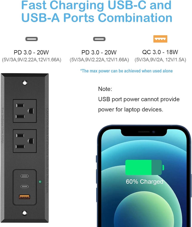 CCCEI Recessed Power Strip with Two USB-C Ports, Fast Charging USB A Port Desk Outlet, Black Furniture Hidden Charging Station for Side Table, End Table, with 6 FT 45 Degree Flat Plug Extension Cord. - Image 2