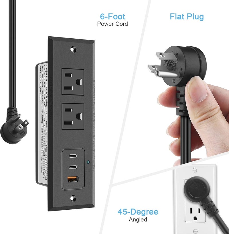 CCCEI Recessed Power Strip with Two USB-C Ports, Fast Charging USB A Port Desk Outlet, Black Furniture Hidden Charging Station for Side Table, End Table, with 6 FT 45 Degree Flat Plug Extension Cord. - Image 5