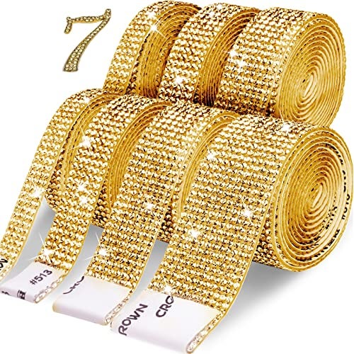 Yalumo Rhinestone Ribbon 7 Rolls 7 Yards Self Adhesive Diamond Bling Rhinestones Strips, Crystal Rhinestone Tape Diamond Ribbons Wrap Glittering Stickers for Crafts Arts Car DIY Decoration, Gold, 4 Size - Image 1