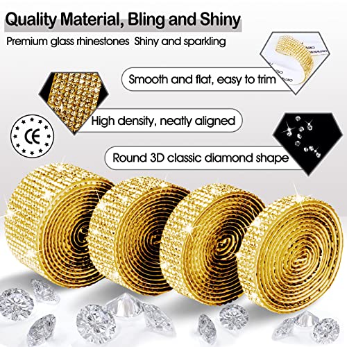 Yalumo Rhinestone Ribbon 7 Rolls 7 Yards Self Adhesive Diamond Bling Rhinestones Strips, Crystal Rhinestone Tape Diamond Ribbons Wrap Glittering Stickers for Crafts Arts Car DIY Decoration, Gold, 4 Size - Image 2