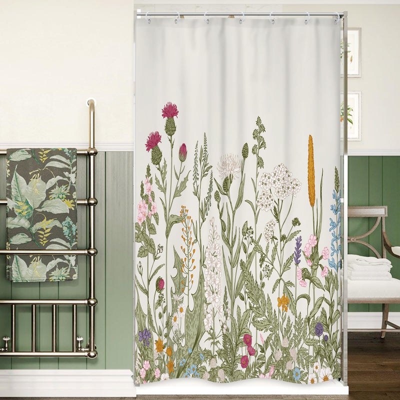 Riyidecor Extra Wide 108Wx72H Wildflower Clawfoot Tub 9ft Shower Curtain 108 Inch 18 Metal Hooks Botanical Colorful Border Herbs Decor Bathroom Windows Balconies Fabric Polyester Waterproof
