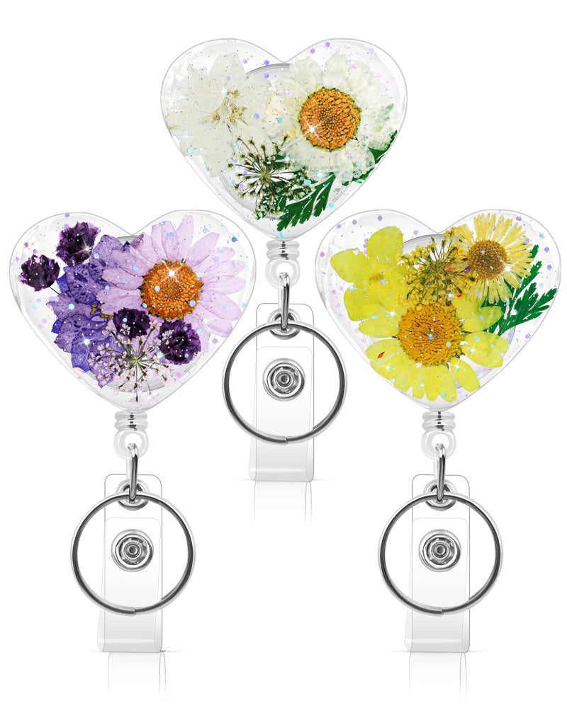 KJQJLY 3 Pcs Cute Flower Badge Reels Retractable for Nurse, Dried Floral Resin Badge Holder with Key Ring, Decorative Nursing Badge Clip for Women Doctor Teacher ID Card (Heart Style 1) - Image 1