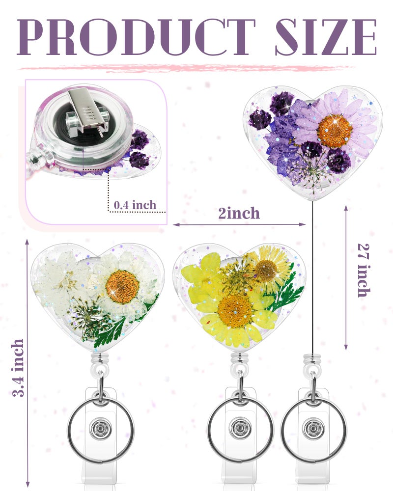 KJQJLY 3 Pcs Cute Flower Badge Reels Retractable for Nurse, Dried Floral Resin Badge Holder with Key Ring, Decorative Nursing Badge Clip for Women Doctor Teacher ID Card (Heart Style 1) - Image 2