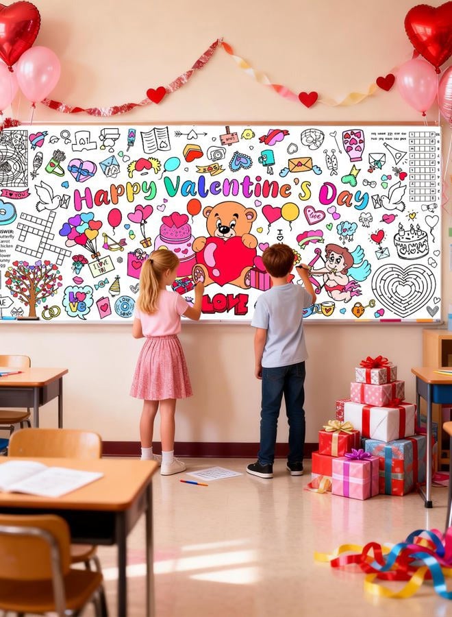 Diltik Valentine's Day Giant Coloring Tablecloth for Kids, 30 x 72 Inches Paper Coloring Banner, Happy Valentine's Day Activity Poster Table Cover for Classroom School Party Decorations - Image 3