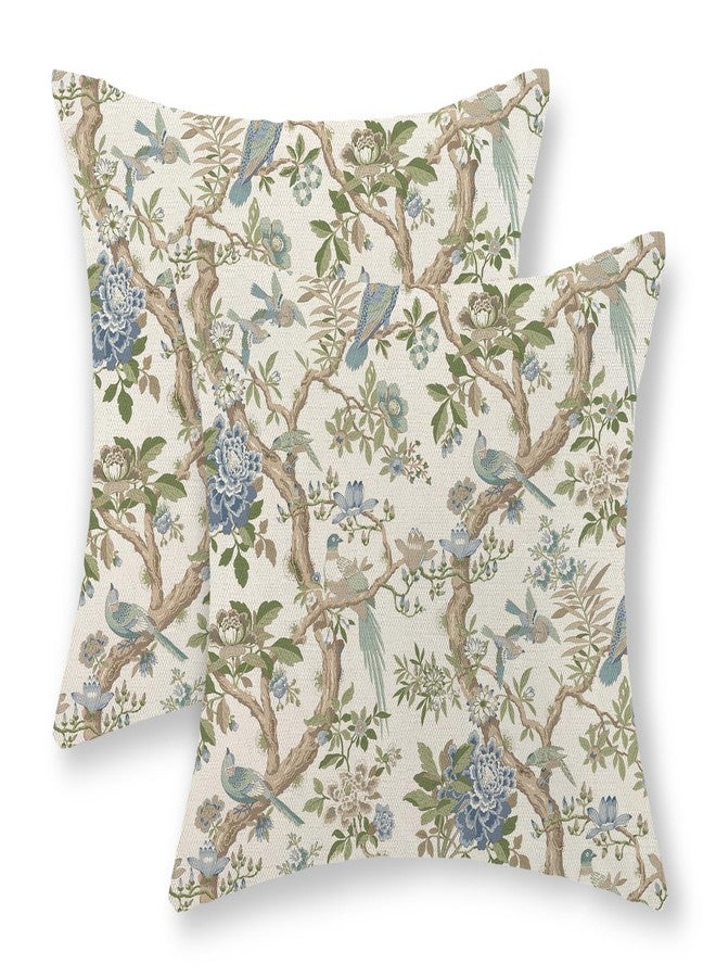 GOLIANDA Chinoiserie Pillow Covers 18x18 Set of 2 Blue Green Bird Floral Throw Pillows Vintage Blue Flowers Decorations Outdoor Pillowcase Chinoiserie Decor Farmhouse Linen Cushion Case for Couch Home - Image 1