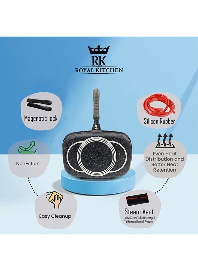 RK ROYAL KITCHEN Cresta Double Grill Pan 30 cm – Non Stick Diecast Marble Coated with Magnetic Lock, Silicone Rubber Seal, Steam Vent, Durable Design, Perfect for Grilling, Frying, and Steaming with Even Heat Distribution  - Image 3