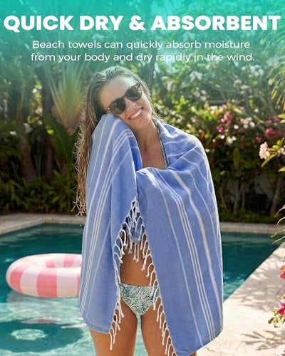 Antfuny Turkish Beach Towels Vacation Essentials with Bag Quick Dry Sand Free Soft Absorbent Adult Bath Pool Swim Long Wide Stripe Towel Cloud Linen Sandfree Mat Summer Thing Lightweight Thin Travel Blue - Image 3