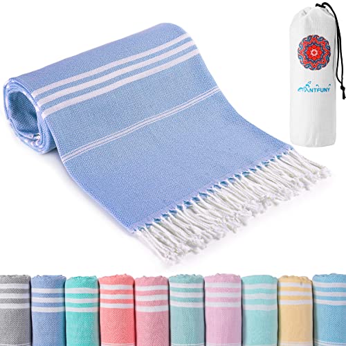 Antfuny Turkish Beach Towels Vacation Essentials with Bag Quick Dry Sand Free Soft Absorbent Adult Bath Pool Swim Long Wide Stripe Towel Cloud Linen Sandfree Mat Summer Thing Lightweight Thin Travel Blue - Image 1