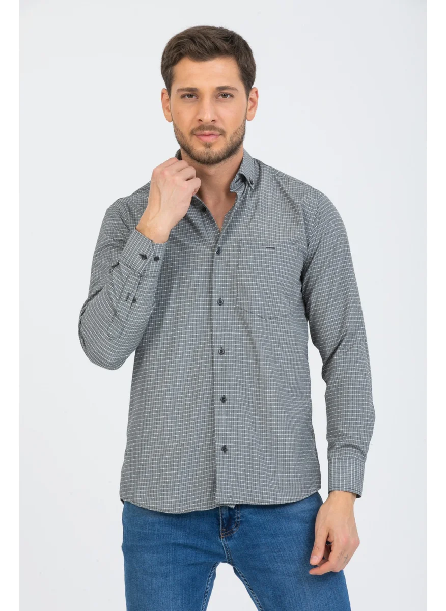 فاريتا Men's Black Checked Long Sleeve Pocket Buttoned Collar Shirt