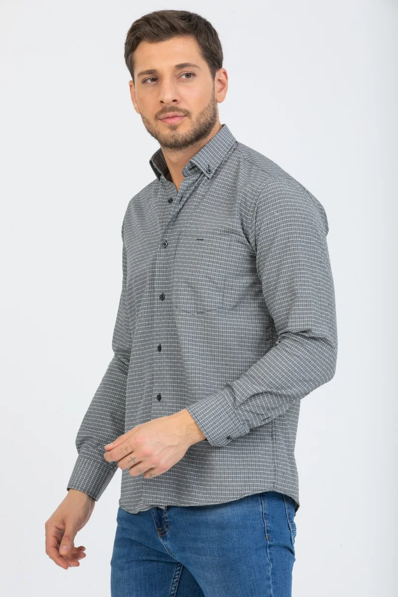 فاريتا Men's Black Checked Long Sleeve Pocket Buttoned Collar Shirt