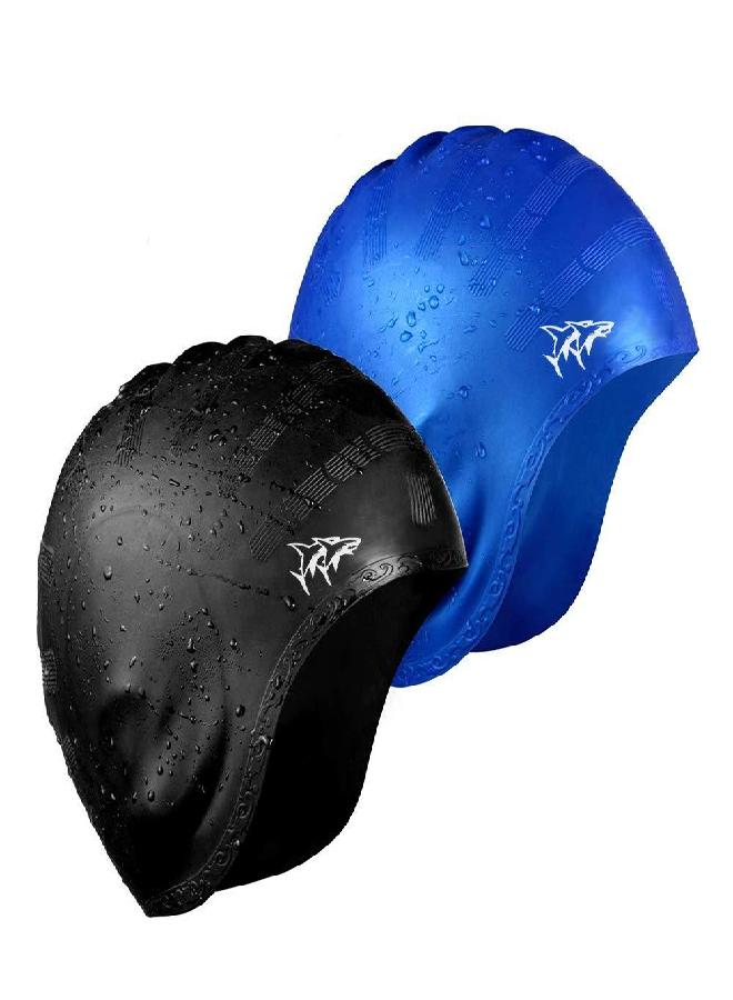 Cimkiz Swim Cap for Long Hair 2 Pack Thicker Design Solid Silicone Waterproof Swimming Caps for Woman Adults and Men (Black+Blue) - Image 1