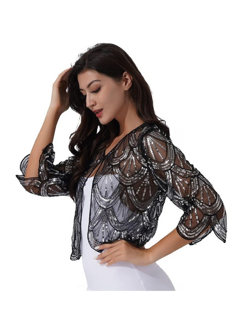 Captaintech 1920s Sequined Shawl Wraps, Long Sleeve Evening Cape Flapper Bolero Shrug, Women's Sequin Beaded Art Deco Vintage Shawl Bolero Wraps - Image 3