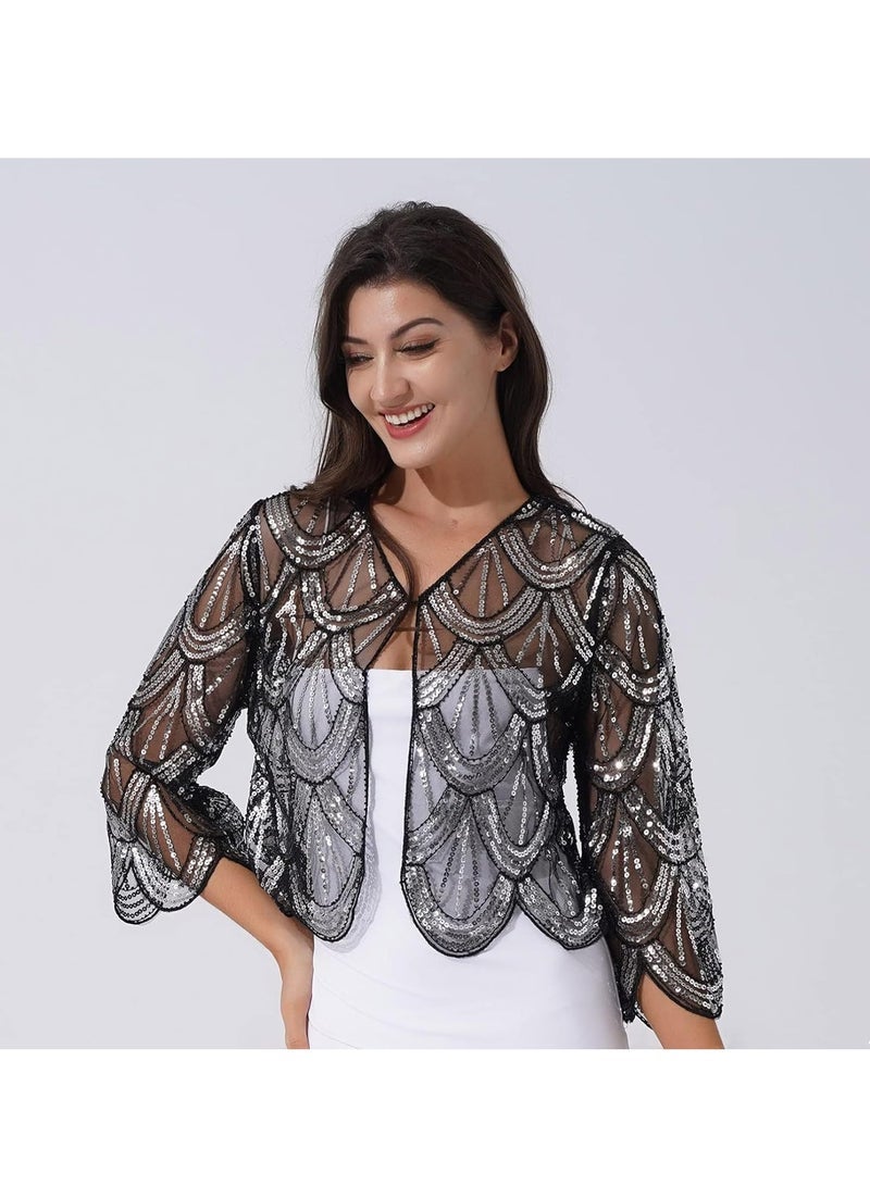 Captaintech 1920s Sequined Shawl Wraps, Long Sleeve Evening Cape Flapper Bolero Shrug, Women's Sequin Beaded Art Deco Vintage Shawl Bolero Wraps - Image 5