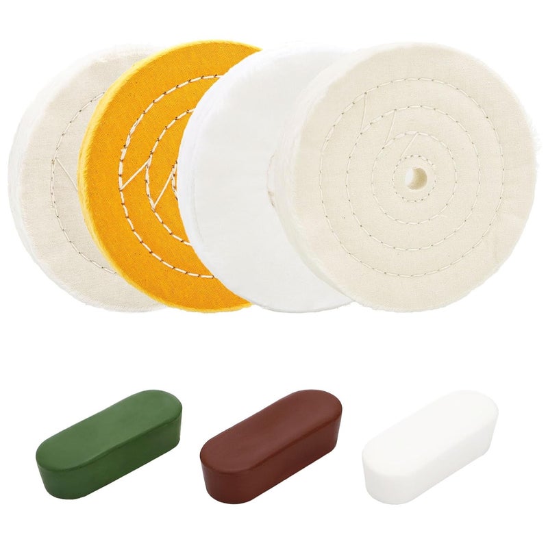 Hedume 7 Pcs 6" Polishing Wheels Kit for Bench Grinder, 1/2" Arbor Hole 2 White Cotton Polish Wheel(70Ply), 1 Yellow Cotton Wheel(42Ply), 1 Soft Flannel Buffing Wheel(30Ply), 3 Polishing Compound Set - Image 1