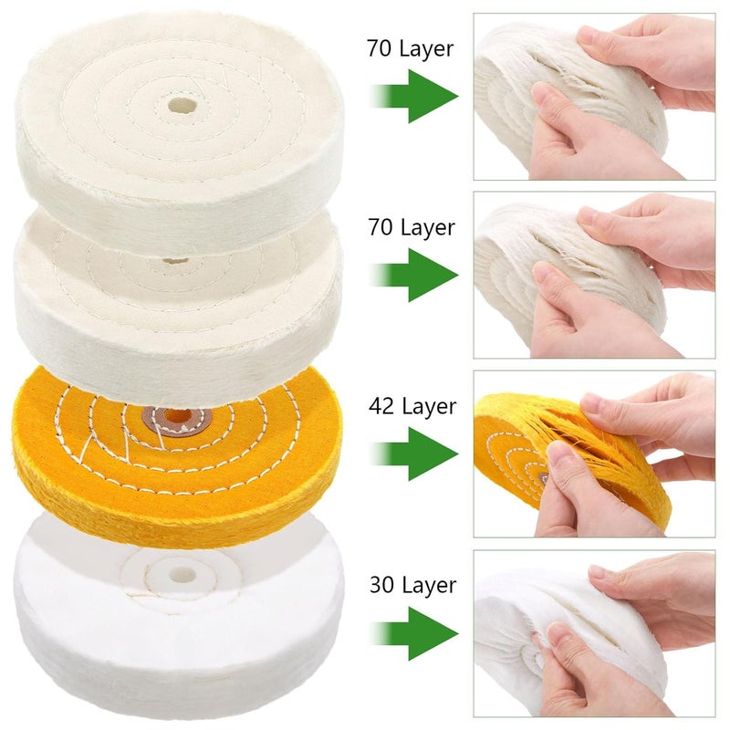 Hedume 7 Pcs 6" Polishing Wheels Kit for Bench Grinder, 1/2" Arbor Hole 2 White Cotton Polish Wheel(70Ply), 1 Yellow Cotton Wheel(42Ply), 1 Soft Flannel Buffing Wheel(30Ply), 3 Polishing Compound Set - Image 2
