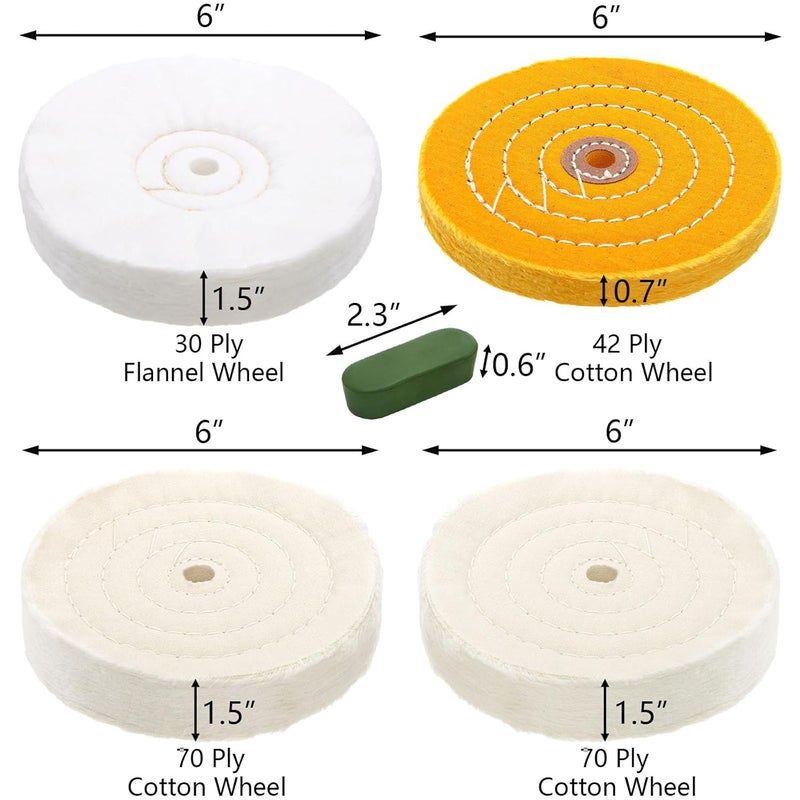 Hedume 7 Pcs 6" Polishing Wheels Kit for Bench Grinder, 1/2" Arbor Hole 2 White Cotton Polish Wheel(70Ply), 1 Yellow Cotton Wheel(42Ply), 1 Soft Flannel Buffing Wheel(30Ply), 3 Polishing Compound Set - Image 4