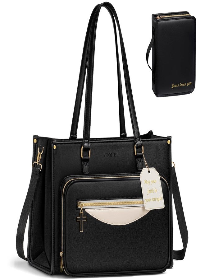 Ytonet Bible Bag with Bible Cover Case for Women, Premium PU Leather Bible Tote Bag Church Bag with Cross Zipper Design for Bible Study Supplies, Christmas Christian Gifts for Women, Black - Image 1