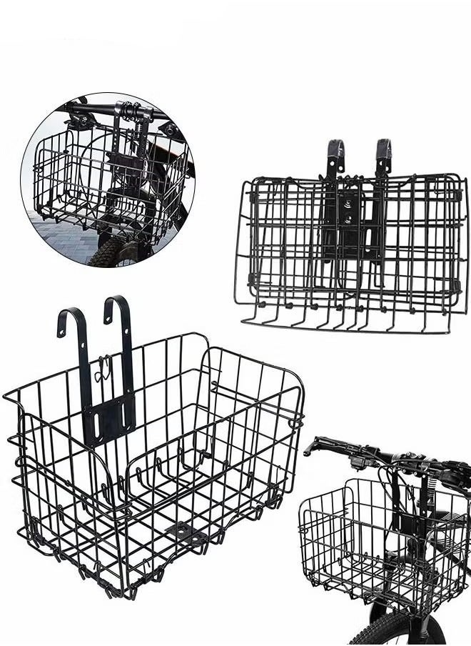 Generic Folding Rear Bike Basket Wire Mesh Fold-Up Detchable Front Bicycle Cargo Carrier Removable Front Bag Rear Rack Hanging Bicycle Storage Basket for Mountain Bike Accessories Bike Frame Basket (Black)  - Image 1