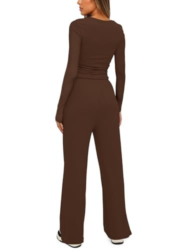 Darong Women's 2 Piece Outfits Lounge Sets Ruched Long Sleeve Tops and Wide Leg Pants Tracksuit Sets 9065A Coffee XL - Image 2