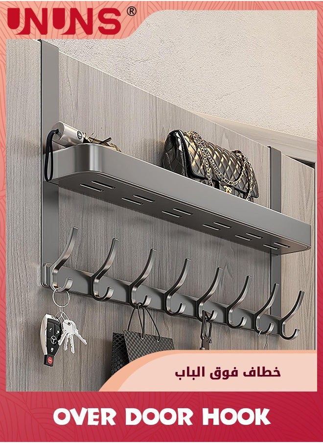 UNUNS Over The Door Hooks Organizer,2 Tier Over The Door Towel Rack With 6 Coat Hooks,Bathroom Door Organizer Back of Door Hanger Organizer for Bedroom,Kitchen,Gray  - Image 1