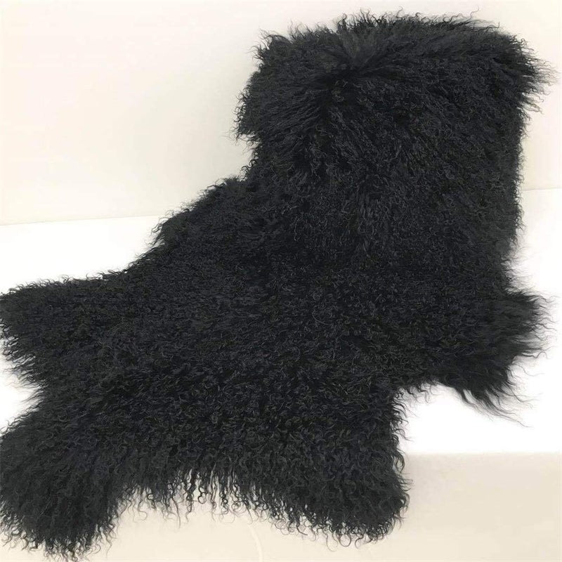 Genuine TibetanMongolian Lambskin Sheepskin Hide Pelt Throw Area Rug Plate Wool Carpet Real Sheep Fur in Bedroom Living Room 35x2Ft Black