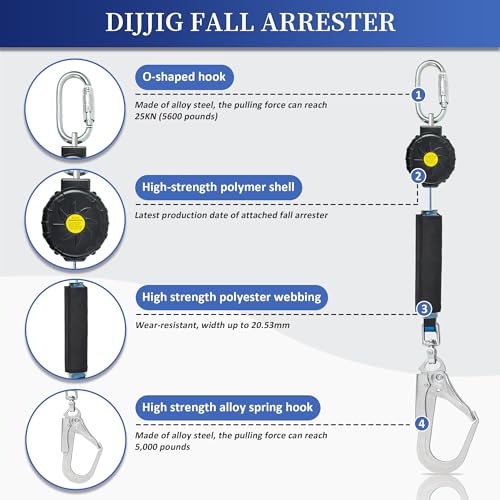 DIJJIG 6FT Fall Protection Retractable Lanyard, Self Retracting Lifeline Construction Lanyard Fall Arrest Safety Roofing Heavy Duty Leading Positioning (Large Hook) - Image 2