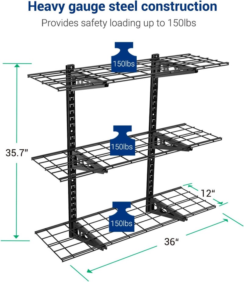 FLEXIMOUNTS 3 Tier 1x3ft Garage Storage Wall Shelving, 12x36inch per Shelf Height Adjustable Floating Shelves, 450lbs Total Weight Capacity, Black, Classic Series - Image 3