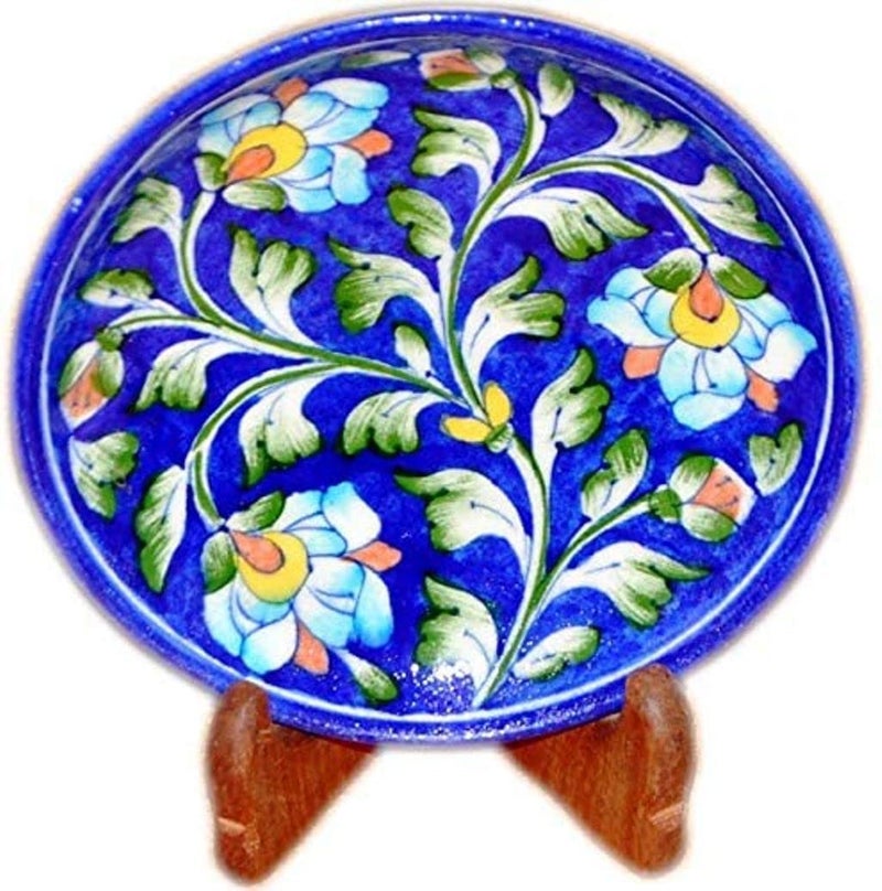 Potterywalaz Blue Pottery Ceramic Decorative Wall Hanging Flower Design Handmade Plate 6 Inch PTN19 - Image 1