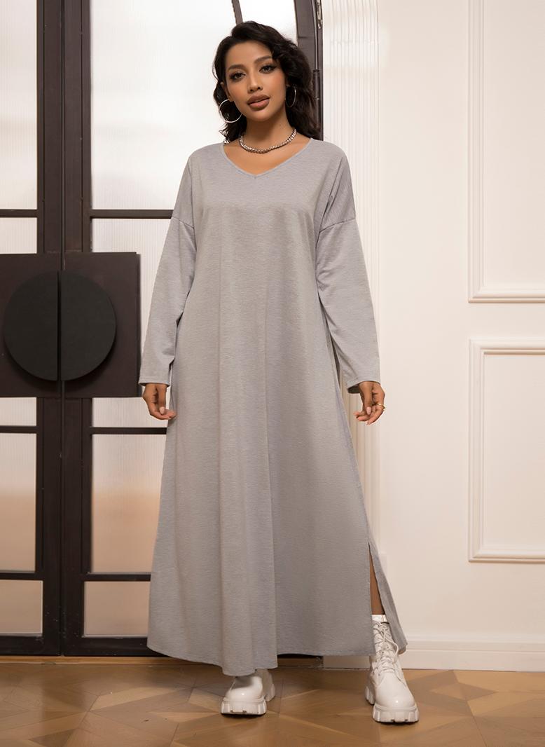 فرايديين كاجول طوق على شكل V اللون الصامد جيب كم منتظم فساتين طويلة رمادي - Image 5