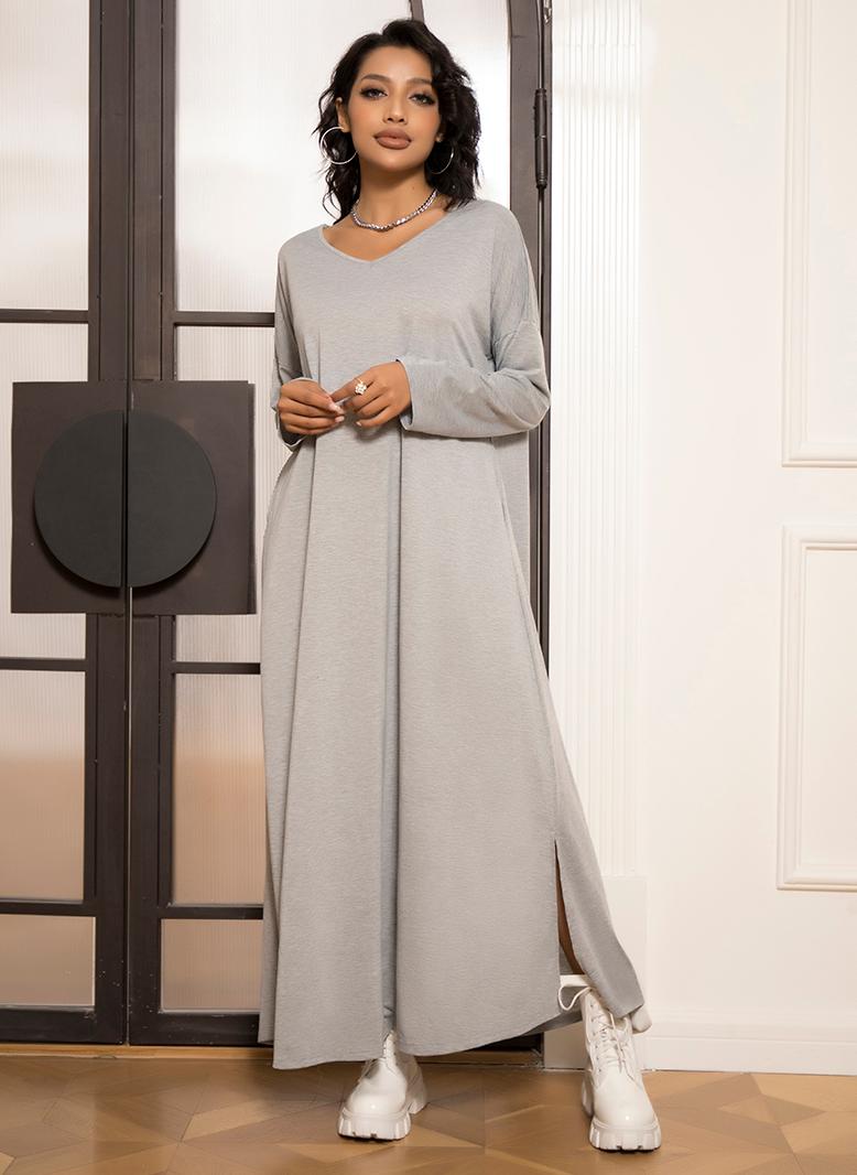 فرايديين كاجول طوق على شكل V اللون الصامد جيب كم منتظم فساتين طويلة رمادي - Image 1